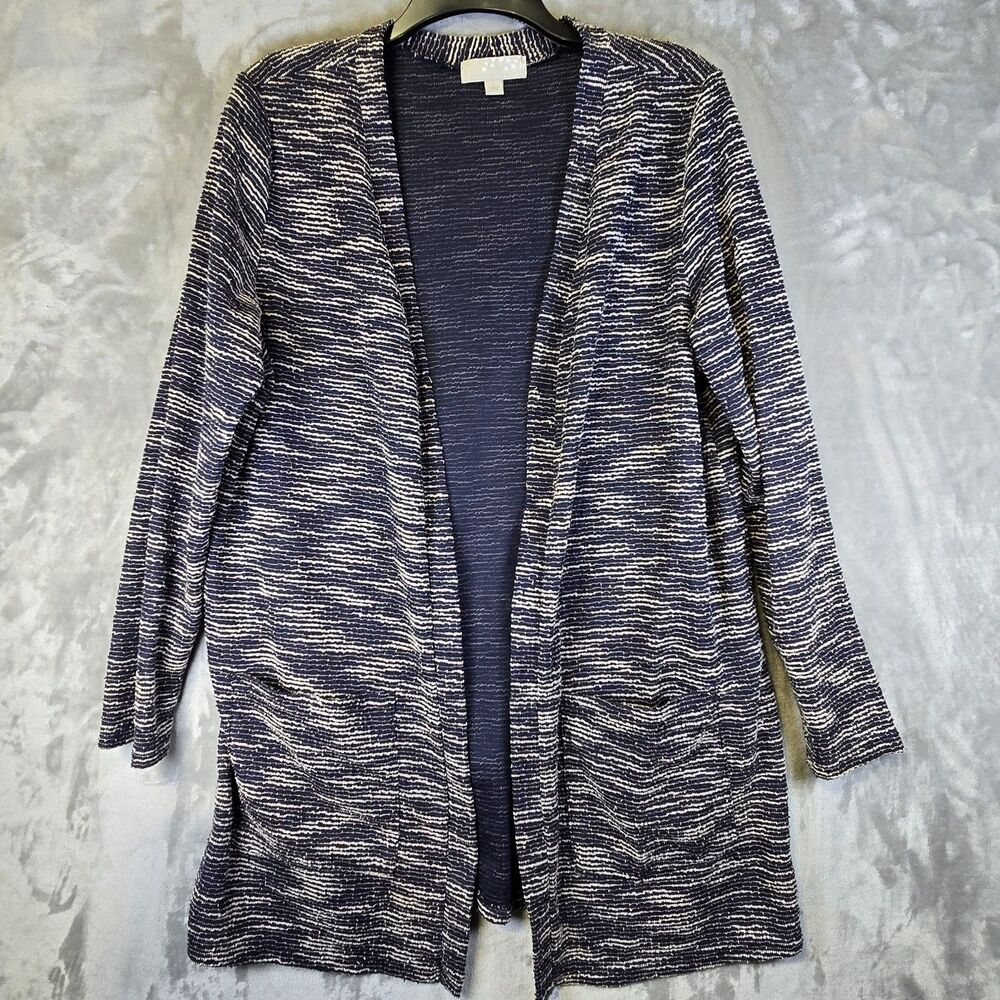 Carolyn Taylor Open Front Cardigan Womens L Navy Blue Ivory Textured Pockets